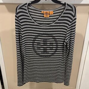 Tory Burch Black & Gray Striped Long-Sleeve Logo Tee